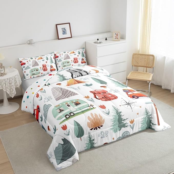 Kids Camping Comforter Set King, Car Bedding Set for Boys Girls, Travel Car Camper Accessories Bed Set, Botanical Floral Mountain Adventure Quilt, Cute Camper Duvet Insert Rv Decoration 3Pcs