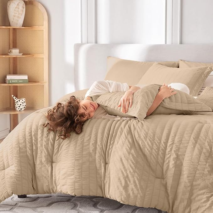 MUXHOMO 7 Pieces Queen Comforter Set, Seersucker Bed in a Bag Queen Size, All Season Luxury Bedding Set with Comforter, Flat Sheet, Fitted Sheet, Pillowcases & Shams, Khaki