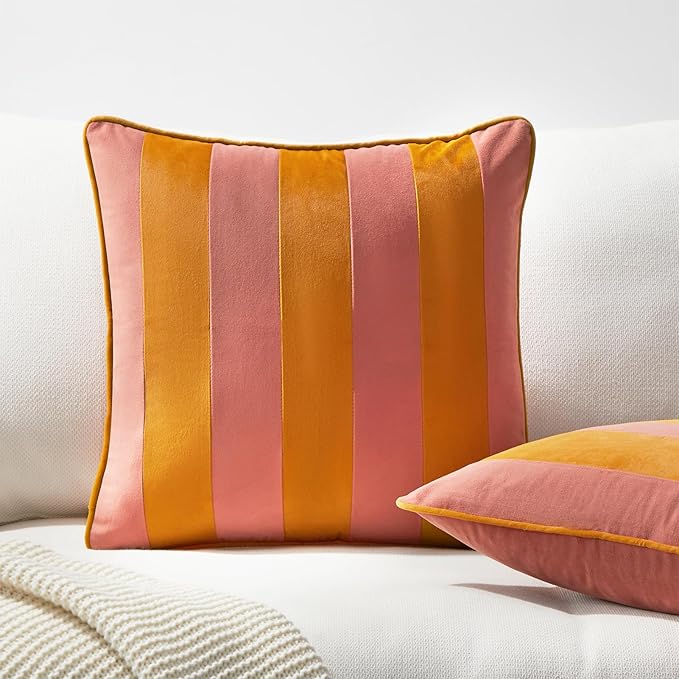 MONDAY MOOSE Decorative Throw Pillow Covers Cushion Cases, Set of 2 Soft Velvet Striped Piping Edge Designs, Pillow Inserts Not Included (22x22 inch, Pink/Honey)