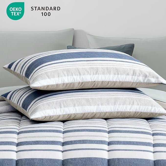 Queen Comforter Set Striped, Sea Blue Bedding Set 7 Pieces for Boys Girls Teen, All Season Bed in a Bag for Dorm with Sheets, Pillowcases & Shams