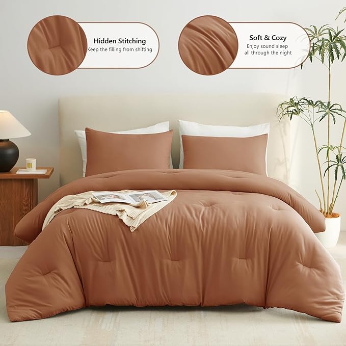 CozyLux Queen Comforter Set Pumpkin, 3 Pieces Solid Queen Comforter Breathable Quilted Bedding Sets, Luxury Soft Bed Set with Down Alternative Comforter for All Season (1 Comforter & 2 Pillowcases)