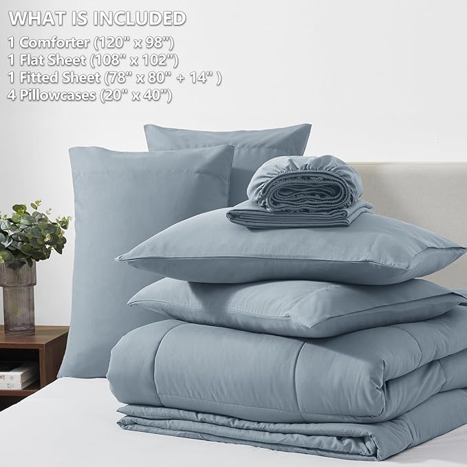 CozyLux Oversized King Comforter Sets Grayish Blue, 7 Pieces Bed in a Bag, Ultra-Soft All Season Bedding Sets with Stitch Quilted Comforter, Flat Sheet, Fitted Sheet, Pillowcases, Grayish Blue