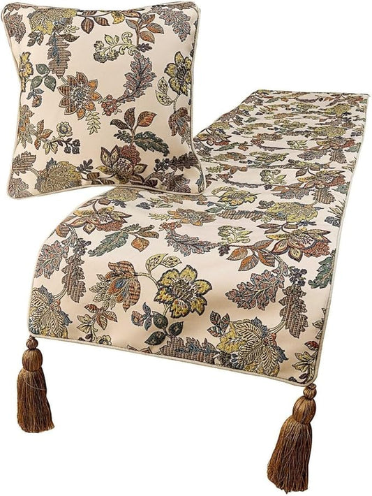 The HomeCentric King Queen Twin Multi Color & Ivory Decorative Queen 74"x18" Bed Runner with Pillow Cover, Floral Bed Scarf on Jacquard Fabric - Seasons Blossoms