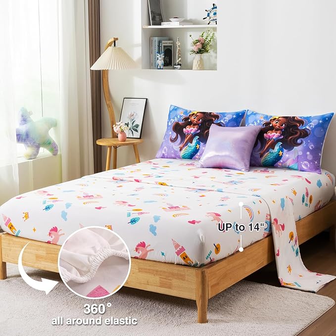 A Nice Night Mermaid Wearing Starfish Hair Accessory Queen Comforter Set for Girls, Ocean Theme Full 6-Piece Bed in a Bag with Sheet Set & Pillowcases