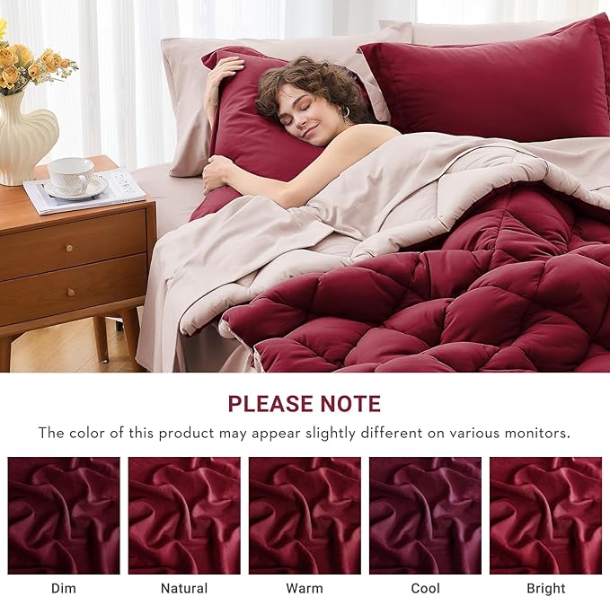 MUXHOMO 7 Pieces California King Comforter Set, Reversible Bed in a Bag Cal King Size, All Season Bedding Set with Comforter, Flat Sheet, Fitted Sheet, Pillowcases & Shams, Burgundy & Rose Gold