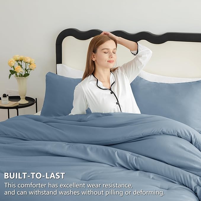 CozyLux Grayish Blue Queen Comforter Set, 3 Pieces Dusty Blue Solid Breathable Quilted Bedding Sets, Luxury Soft Fluffy Bed Set with Down Alternative Comforter All Season (1 Comforter & 2 Pillowcases)
