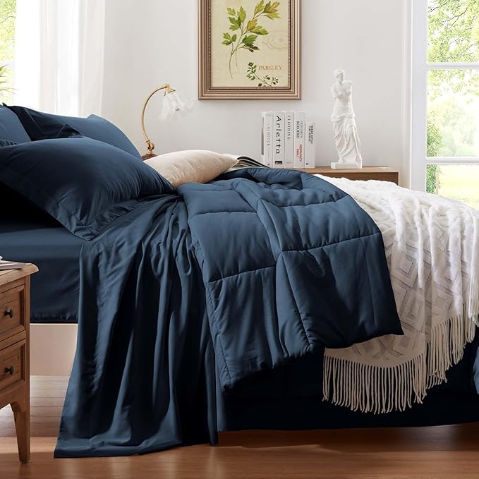 Anluoer Queen Size Bed in a Bag 7 Pieces, Navy Blue Bed Comforter Set with Sheets, All Season Bedding Sets with 1 Comforter,2 Pillow Shams,2 Pillowcases, 1 Flat Sheet,1 Fitted Sheet