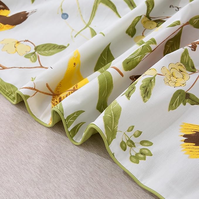 URBONUR 100% Cotton Percale Duvet Cover Set Queen Size 3 PCS Soft Breathable Botanical Bedding Set Green Leaves and Birds Printed on White Duvet Cover, Corner Ties Button Closure