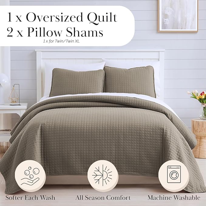 Southshore Fine Living, Inc. Quilts Full/Queen Size Quilt Bedding Set, Easy Care Stain & Pet Hair Resistant Bedding, Coverlet Queen Size/Full Size Bedspread with 2 Pillow Shams, Dark Taupe