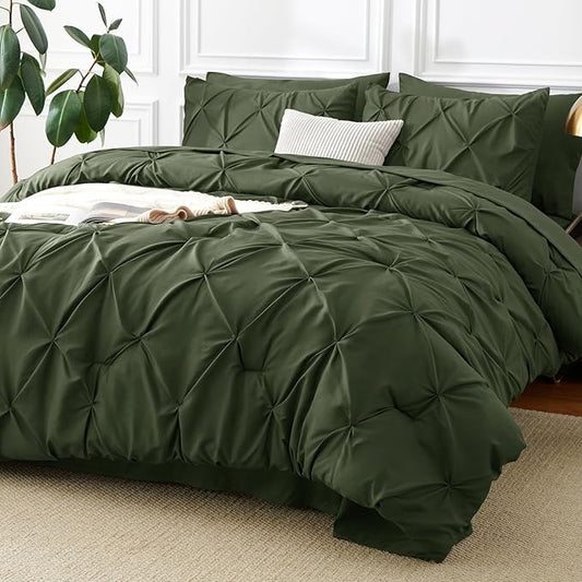 CozyLux California King Comforter Set Olive Green - 7 Pieces Cal King Pintuck Bed in A Bag Gift for Family, Pinch Pleat Bedding Sets with All Season Comforter, Sheets, Pillowcases & Shams