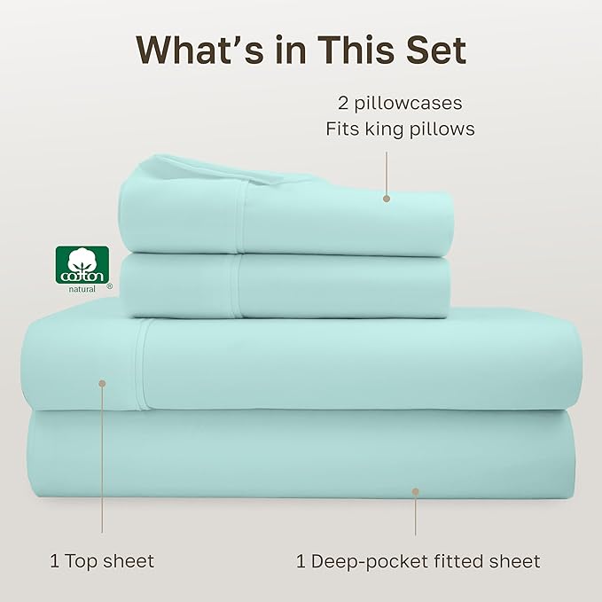 California Design Den 400 Thread Count Natural 100% Cotton Sheets, King Bed Sheets Set with Deep Pockets, Sateen, Durable & Breathable Bedding - Seafoam