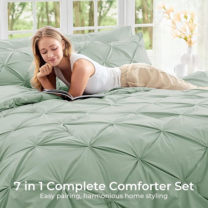Sasttie Queen Comforter Set, 7-Piece Bed in a Bag, Pintuck Bedding Set for All Season, Includes Comforter, Flat Sheet, Fitted Sheet, Pillowcases and Pillowshams, Sage