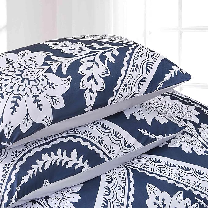 Nanko Boho Duvet Cover Set Queen Size, Navy Blue White Floral Damask Print Pattern, Soft Microfiber Reversible Comforter Bedding Cover Zip Ties - Vintage Bohemian Farmhouse for Women Men, 3 Pcs 90 x90