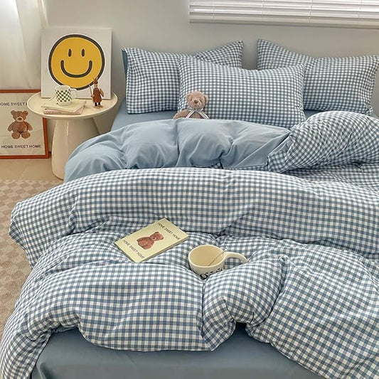 Nayoroom Blue Gingham Duvet Cover Queen Size Plaid Checkered Comforter Cover 3 Pieces Soft Lightweight Washed Microfiber Farmhouse Grid Dorm Bedding Set with Pillowcases