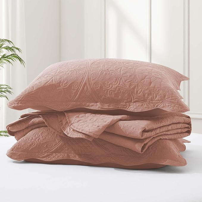 MOONLIGHT20015 Twin Quilt Bedding Set Size (66" x 86 ") + 1 Pillow Shams (20" x 26" + 2") - 2 Pcs All Season Lightweight Reversible Microfiber Coverlet Floral Embossed Quilt Bedspread (Peach)