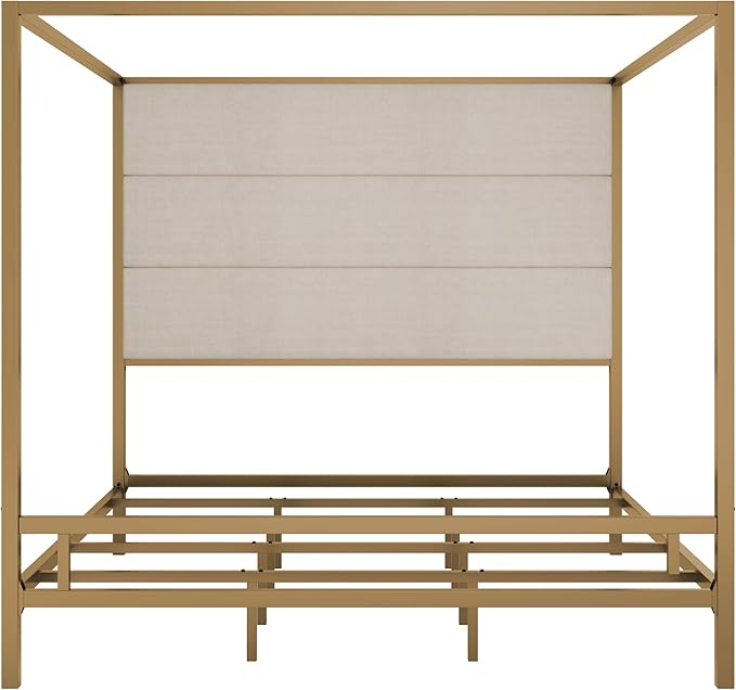 Merax King Size Modern Canopy Bed Frame, with Tall Linen Fabric Upholstered Headboard Metal 4-Poster, Box Spring Needed, Gold + Tan