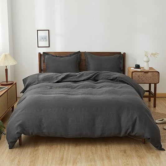 Simple&Opulence 100% Linen Duvet Cover Set, Natural French Flax Dark Grey Duvet Cover Twin Size, Breathable Soft Comfy Linen Bedding Comforter Cover with 1 Pillowcase(Dark Grey, 68"x86")