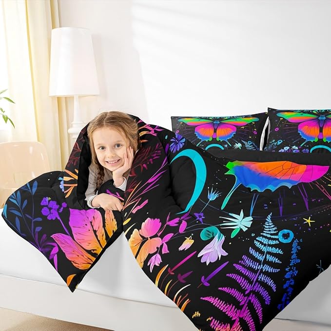 Erosebridal Moth Comforter Set King Hippie Psychedelic Sun and Moon Bedding Set,Purple Blue Ombre Galaxy Floral Botanical Comforter for Girls Teens Women Stars Planet Quilt Duvet 2 Pillowcases