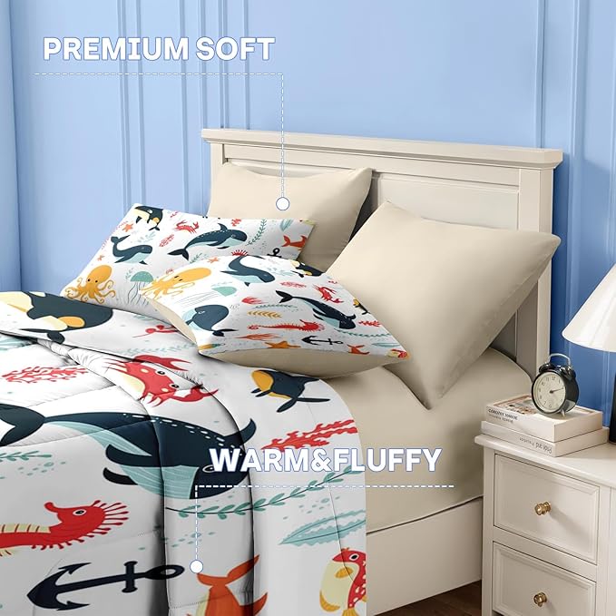 Nesker 7 Pcs Comforter Set Queen Size, Whales Octopuses Seahorses Bedding for Kids Teen, Ocean Sea Animal with Fitted Sheet 2 Pillowcases & 2 Shams for Bedroom Bed Decor