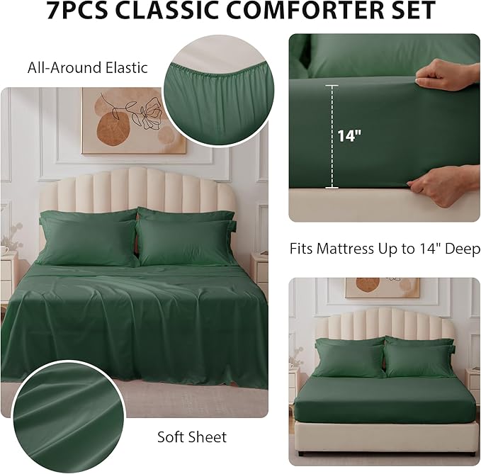 Full Comforter Set Emerald Green - Bed in a Bag Full Size 7 Pieces, Soft Bedding Set for All Seasons, Premium Comforter Set with Comforter, Sheets, Pillowcases & Shams