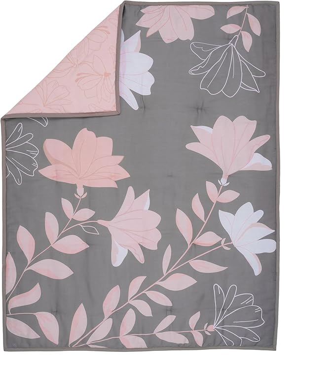 Lambs & Ivy Petals Gray/Pink Sateen Cotton Floral 3-Piece Baby Crib Bedding Set