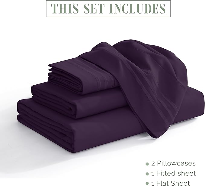 Elegant Comfort Luxurious 1500 Premium Hotel Quality Microfiber Three Line Embroidered Softest 4-Piece Bed Sheet Set, Wrinkle and Fade Resistant, Twin/Twin XL, Eggplant-Purple