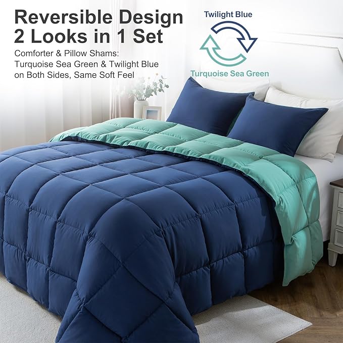 KASENTEX California King Comforter Set – Reversible Dual Color – Goose Down Alternative – Ultra-Soft, Lightweight, Machine Washable, Fluffy, All Season Warmth (Turquoise Sea Green/Twilight Blue)