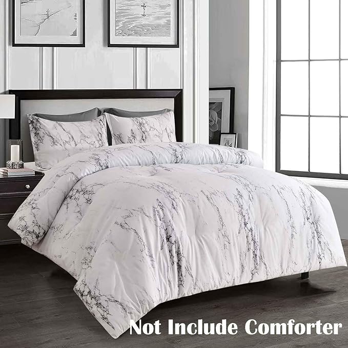 Nanko King Bedding Duvet Cover Set White and Black Marble Printed 3 Piece - 1000 -TC Luxury Microfiber Down Comforter Quilt Covers with Zipper Closure, Ties - Organic Modern Style for Men and Women