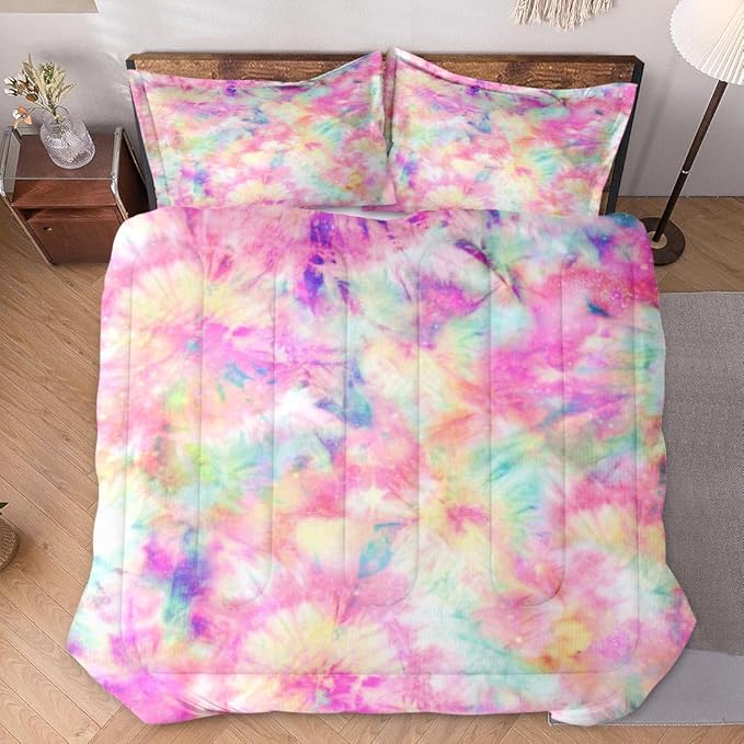 Full Size Comforter Set with 2 Pillowcases, Pink Yellow Painting Tie Dye Soft 3 Pcs Bedding for Kids and Adults Bedroom Bed Decor