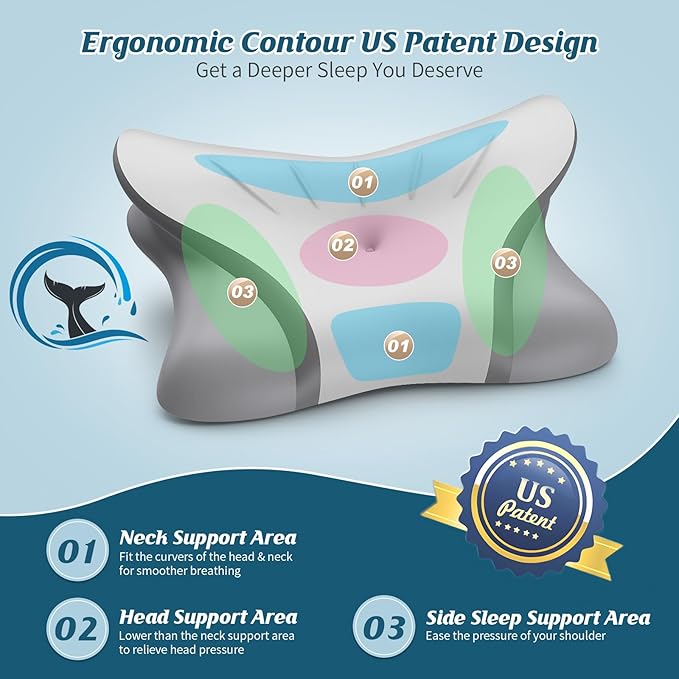 Cervical Neck Pillow for Pain Relief, Bed Pillows for Sleeping, Ergonomic Cooling Pillow, Orthopedic Contour Pillow for Side Back Stomach Sleepers,Neck Support Memory Foam Pillows (Grey&Darkgrey)