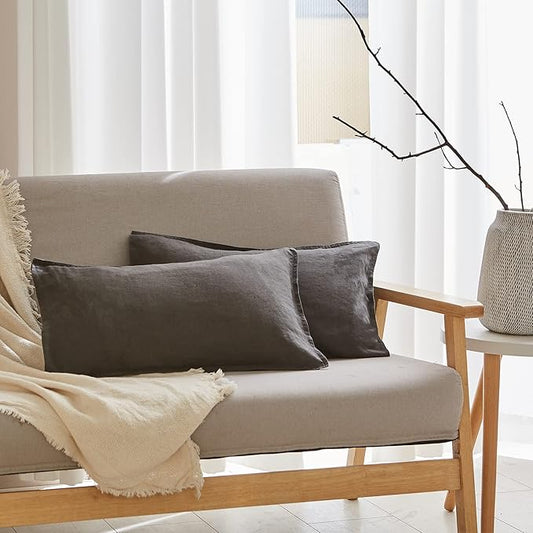 Simple&Opulence 100% Linen Lumbar Pillow Cover 12 x 20 Inches Set of 2 Rectangular Decorative Throw Cushion Cover for Couch Sofa Bed Living Room Office Soft Breathable Farmhouse - Dark Grey