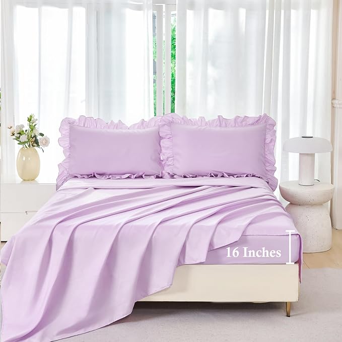 ANGIYUIN 5 Pieces Purple Comforter Set Twin Lavender Ruffle Bed in A Bag with Sheet Sets Solid Color Farmhouse Bedding Sets Soft Microfiber Bed Sets for Girls Kids(Purple Twin)