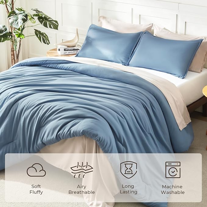 Litanika King Comforter Set Grayish Blue, 3 Pieces Lightweight Solid Bedding Comforter Set, All Season Fluffy Bed Set (104x90In Comforter & 2 Pillowcases)