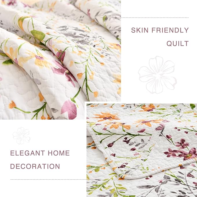 QSH 3Pcs Oversized King Bedspread Set(120"x120"),100% Cotton Floral Quilt Bedding Set Yellow Wild Flower Botanical Printed Coverlet Oversized King Lightweight Soft Bed Set with Pillowshams