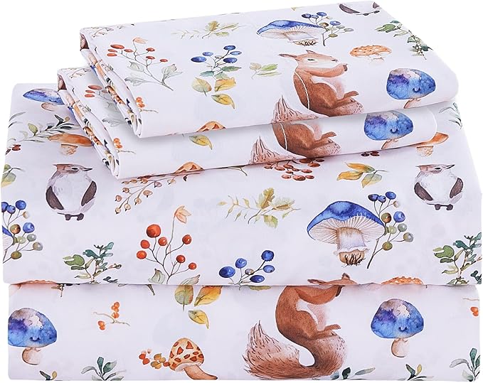 Kids Sheet Set Full Size, Full Sheet Set with Oil Squirrel Pattern，Breathable Silky Soft Microfiber Kids Fitted Sheet