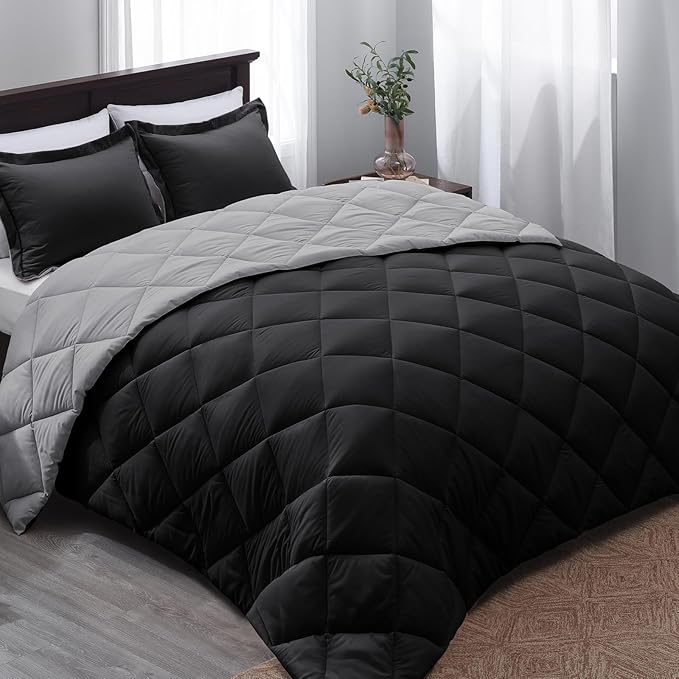 Beyond Basic Twin Comforter Set - Reversible All Seasons, Black/Grey, 1 Comforter (66"x92") and 1 Pillow Sham (20"x26"+2")