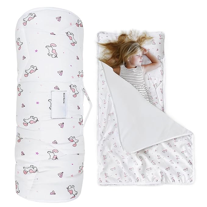 Toddler Nap Mat with Blanket 50" x 21" x 1.5", Nap Mat for Boys Girls Super Soft and Cozy, Kids Sleeping Bag for Preschool, Daycare, Toddler Sleeping Bag, White Horse