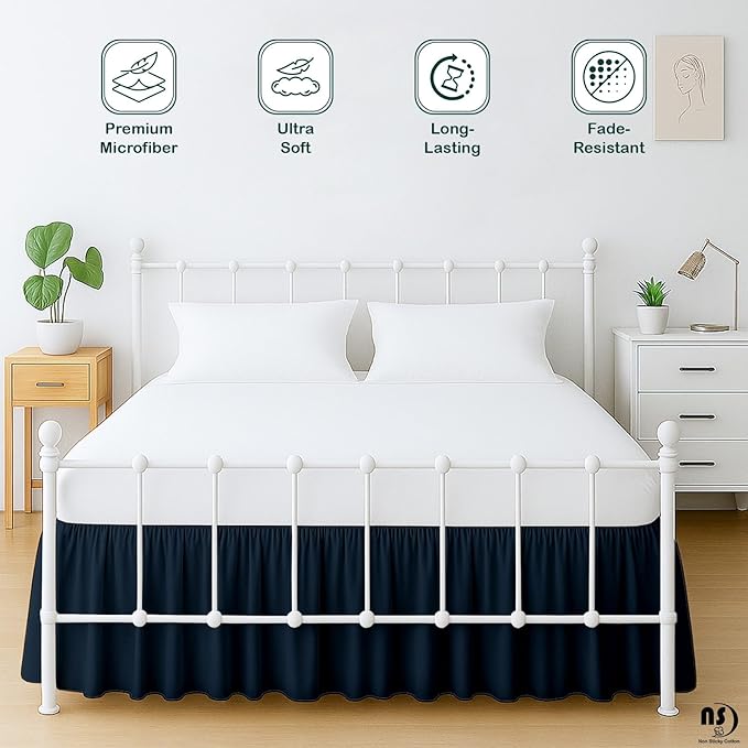 Premium Microfiber Full Ruffled Bed Skirt, 8” Drop with Split Corners, Soft Wrinkle Free Bedskirt with Platform, Solid Navy Blue Dust Ruffle for 54" x 75" Mattress