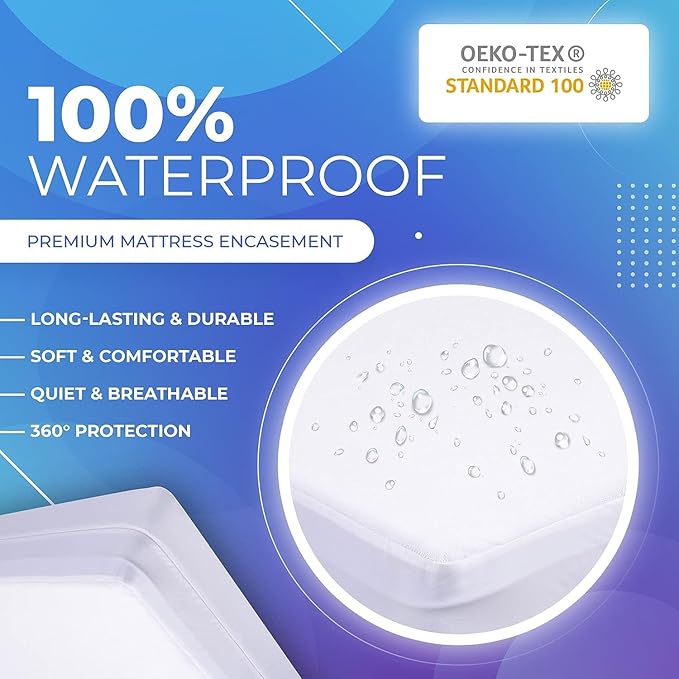 PlushDeluxe Full Size Premium Mattress Encasement - Zippered Waterproof, Bedbug Proof Design, 6-Sided Protection - Hypoallergenic Cotton Terry Fabric [9-12"] Depth