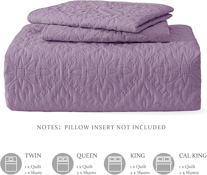 Exclusivo Mezcla King Quilt Bedding Set, Lightweight Soft Bedspreads Coverlets with 2 Pillow Shams, Modern Dusty Lavender Oversized Quilts King Size for All Seasons
