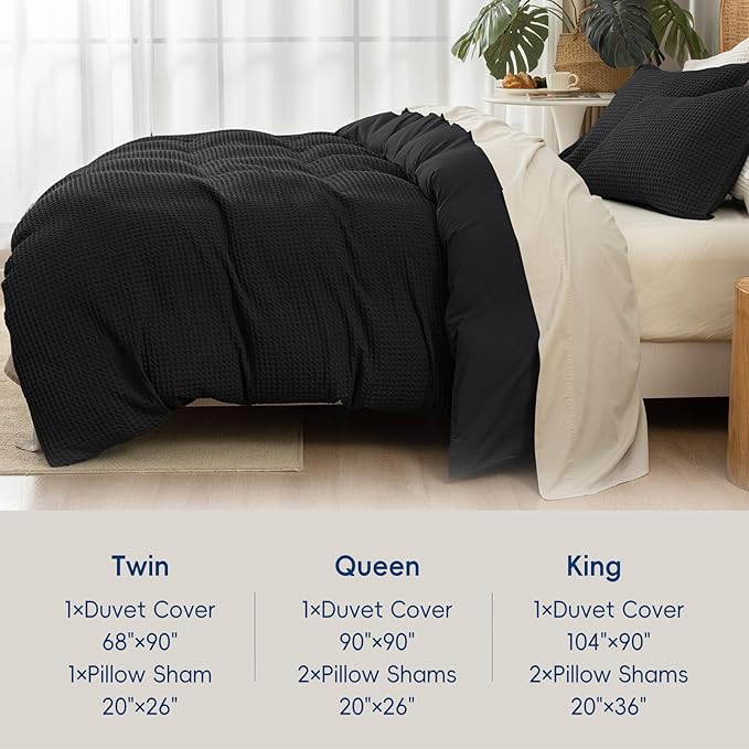 David's Home Waffle Weave Duvet Cover Set Queen Size,Soft Breathable 3pcs Comforter Cover Set with 2 Pillowcases,Textured Home Decor Bedding Set Cozy for All Seasons, Black 90"×90",No Comforter