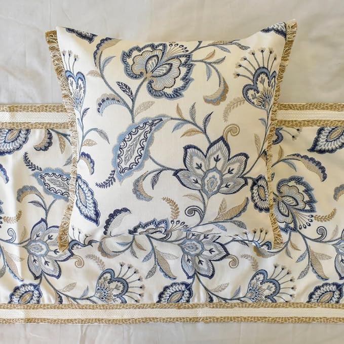 The HomeCentric King/Queen/Twin Blue Designer King 90"x18" Bed Runner with Pillow Cover, Floral, Embroidered, Jute Lace & Lace Bed Scarf on Cotton Fabric - Morning Glories