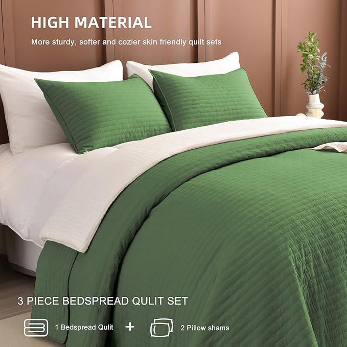 Lady Ann Oversized King Quilt Set,3 Pcs Olive Green Oversized King Bedspreads 128x120 for Bed, Lightweight & Ultra-Soft Farmhouse Coverlet All Season Extra Large Quilted Bedding Sets