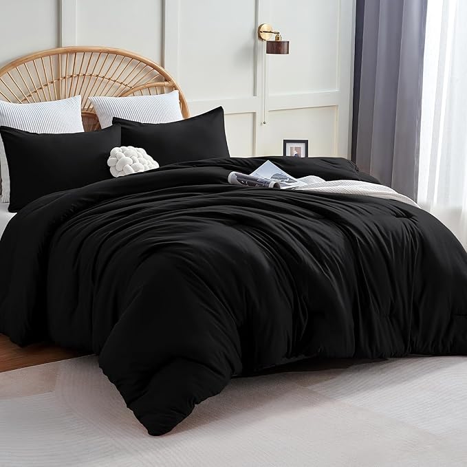 CozyLux Black Comforter Set Twin/Twin XL Size, 2 Pieces Twin Extra Long Solid Breathable Quilted Bedding Sets, Luxury Fluffy Soft Bed Set with Down Alternative Comforter and 1 Pillowcase All Season