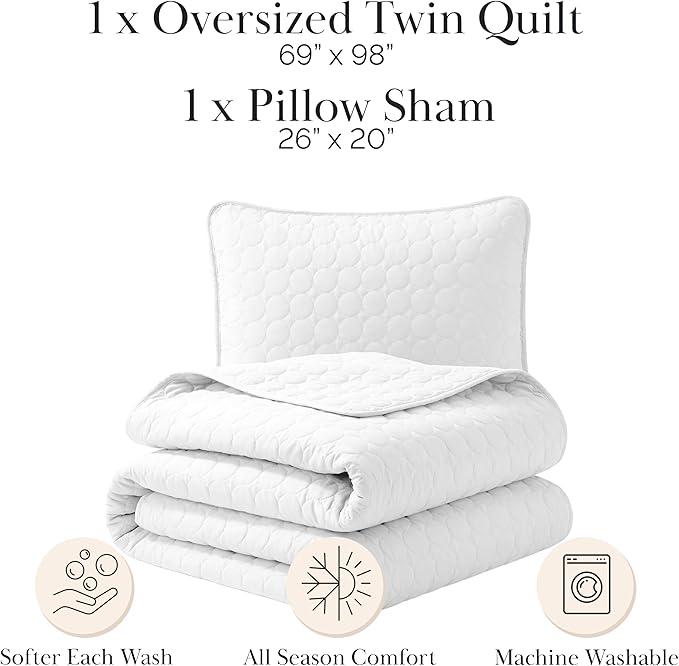Southshore Fine Living, Inc. Twin XL Comforter Quilt Set, Dorm Room Bedding Essentials, Stain Resistant, Machine Washable Bed Spread, Twin XL White Quilt Bedspread Set w/Pillow Sham, Bright White