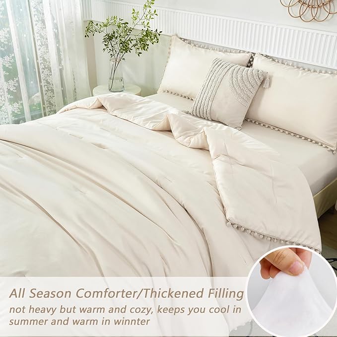 PERFEMET Queen Bed in A Bag Beige 5 Pieces Pom Pom Solid Bedding Set with Sheets Aesthetic Boho Cream Bedspread Comforter Set Soft Lightweight Fluffy Bed Set for All Season(Beige Cream, Queen)