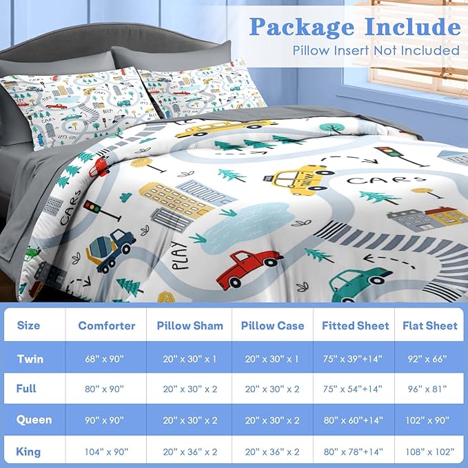 Comforter Set Full Size, Cute Car City 7 Pcs Bedding for Kids and Adults, Cartoon Tree Truck Bed Sheet Sets with Fitted Sheet 2 Pillowcases & 2 Shams for Bedroom Bed Decor