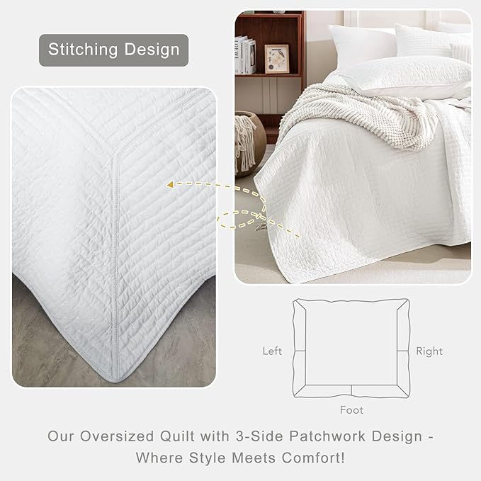 Lady Ann Oversized King Quilt 120x120, White Oversized King Bedspreads Set for Bed, Lightweight & Soft Farmhouse Coverlet All Season Extra Large 3 Pcs Quilted Bedding Sets