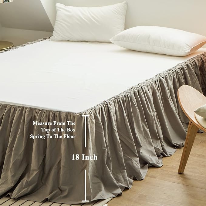 BISELINA French Linen Bed Skirt with Pleated Frills 18-Inch Tailored Drop Natural Flax Cotton Blend Dust Ruffle Soft Cozy Farmhouse Bedding (18" Queen, Ruffle Grey)