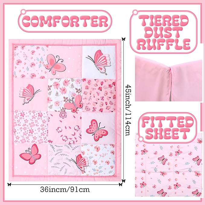 Tudomro 3 Pieces Butterfly Nursery Crib Bedding Set for Girls, Standard Size Bedding Sets with Comforter Fitted Sheet Crib Skirt(Pink)